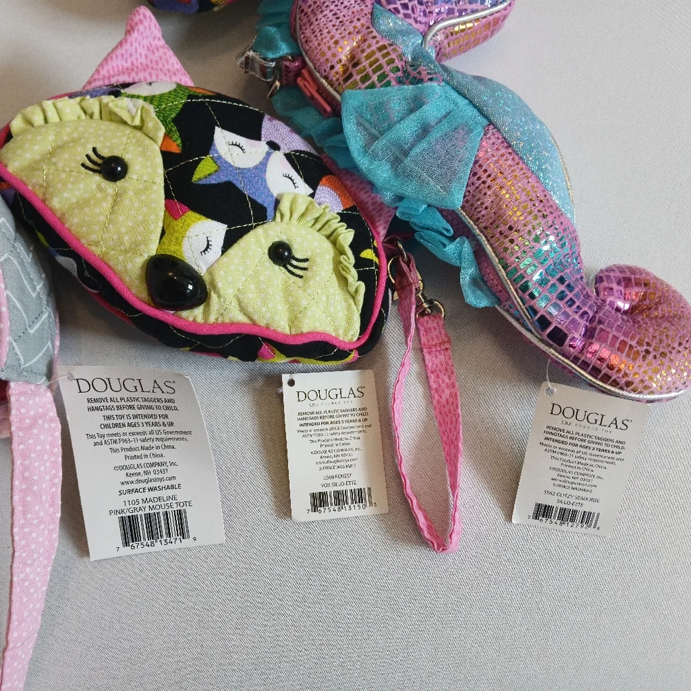 4 Piece Girls Bags: Mouse Tote Bag, Seahorse Wristlet, Fox Pouch NWT
